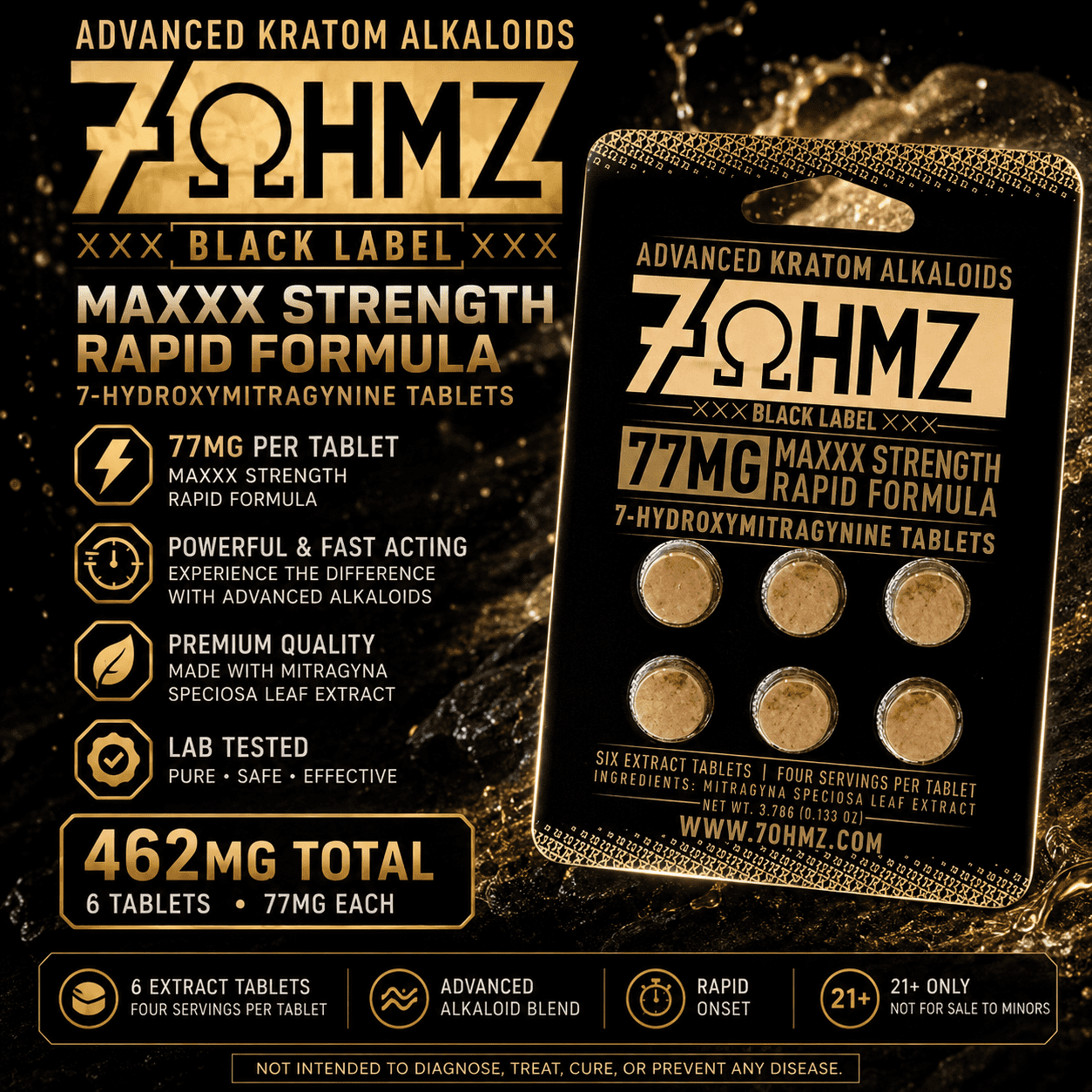7-OHMZ | Black Label Tablets | 6CT – 77MG Each | 462MG 7-OHMZ | Black Label Tablets | 6CT - 77MG Each | 462MG - Image 1