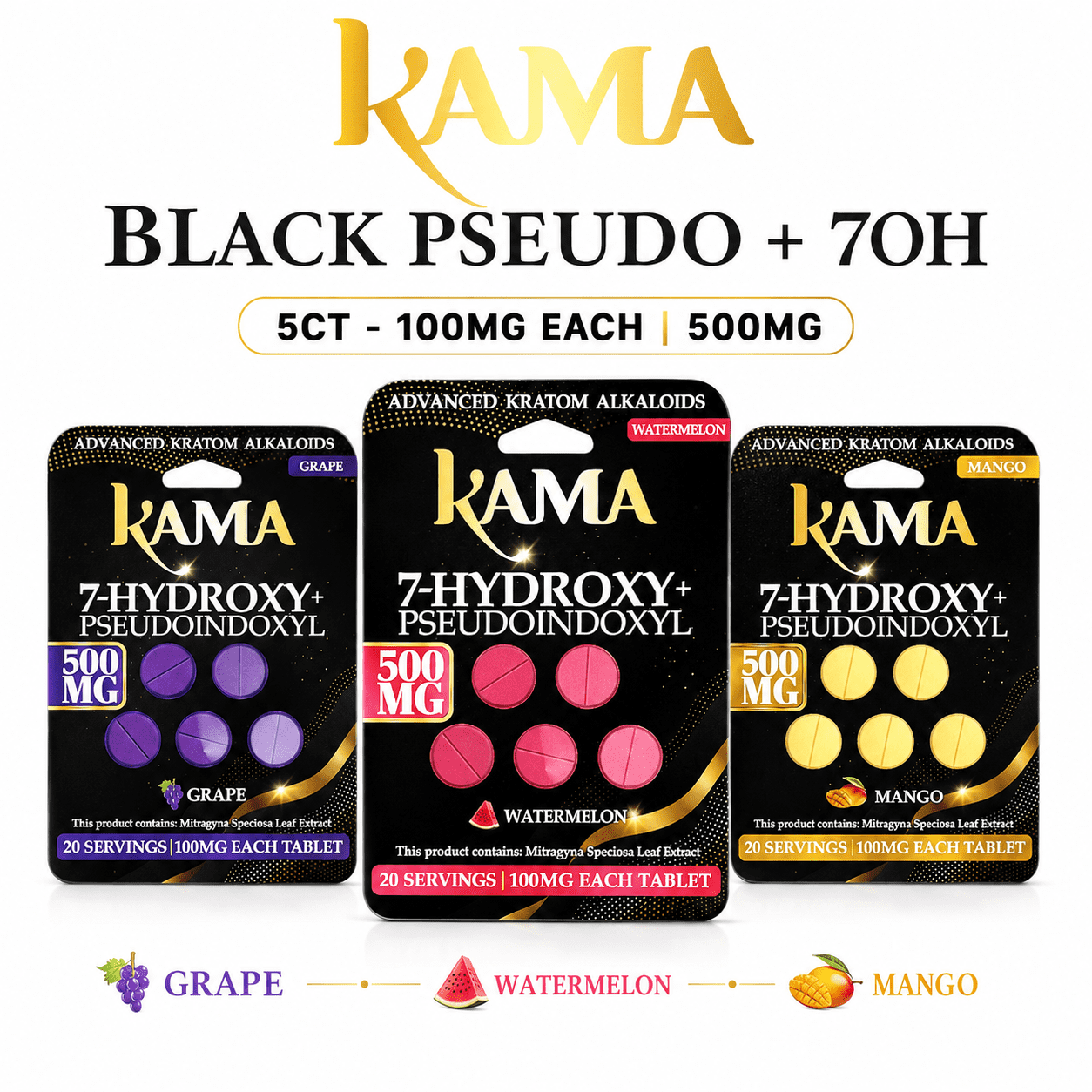 Kama | Black Pseudo + 7OH | 5CT – 100MG Each | 500MG Kama | Black Pseudo + 7OH | 5CT - 100MG Each | 500MG - Image 1